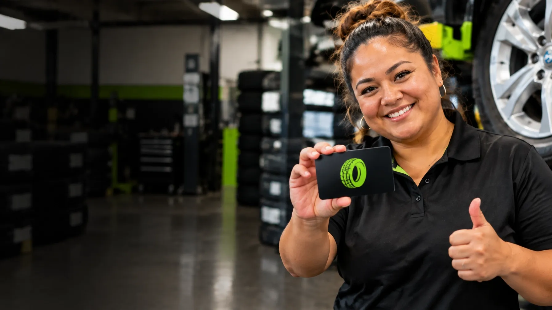 Friendly $10 Tire team member showing a VIP Driver Club card in the shop